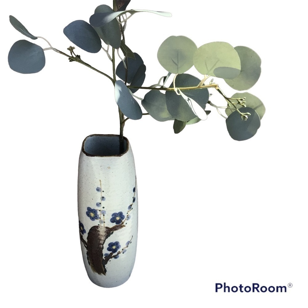 Studio pottery tall vase painted flower